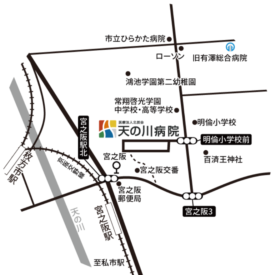 地図：京阪 宮之阪駅から天の川病院までのルート